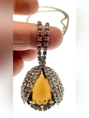 Vintage Mid-Century MultiTiered Caged Rhinestone & Smoky Topaz Teardrop Necklace